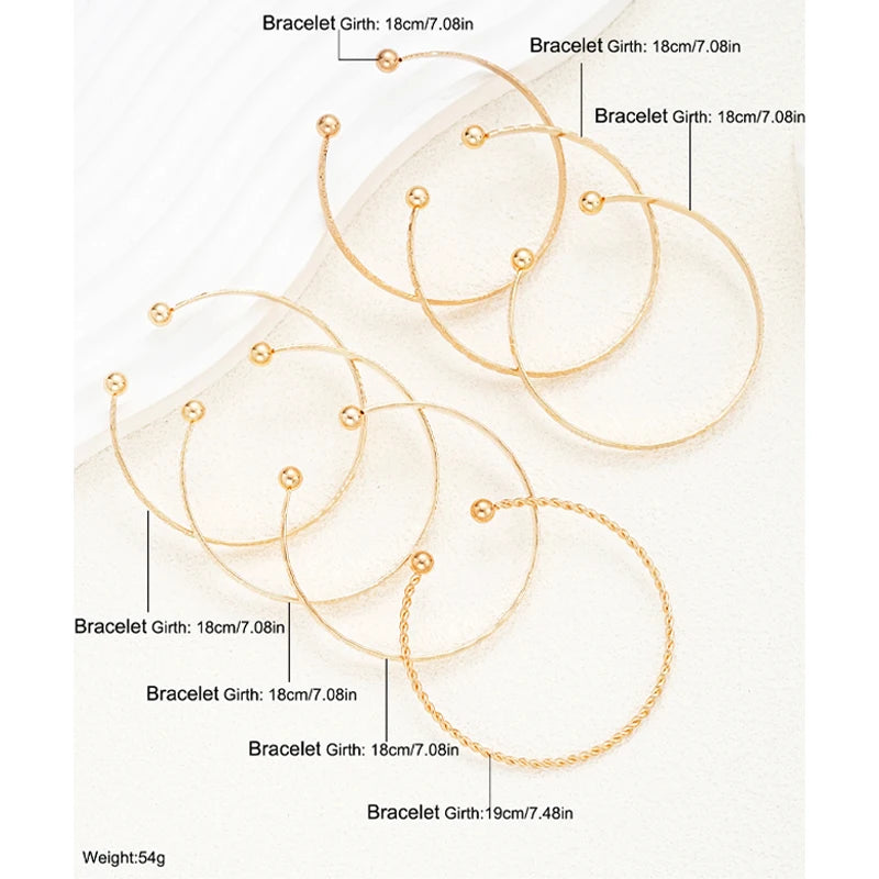 7 Pcs/Set Punk Gold Bracelets for Women Streetwear Heart Prints Metal Design Open Bangle Fashion Jewelry Gifts