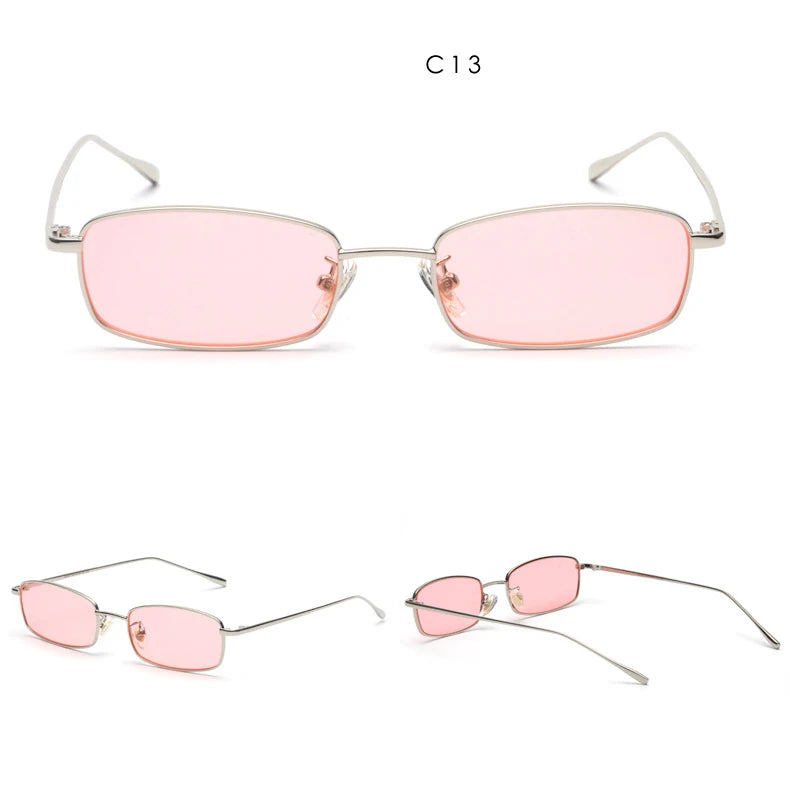 Vintage Small Narrow Rectangle Sunglasses Women Men Brand Red Clear Lens Skinny Slim Wire Retro Hip Hop Sun Glasses Shades OM522