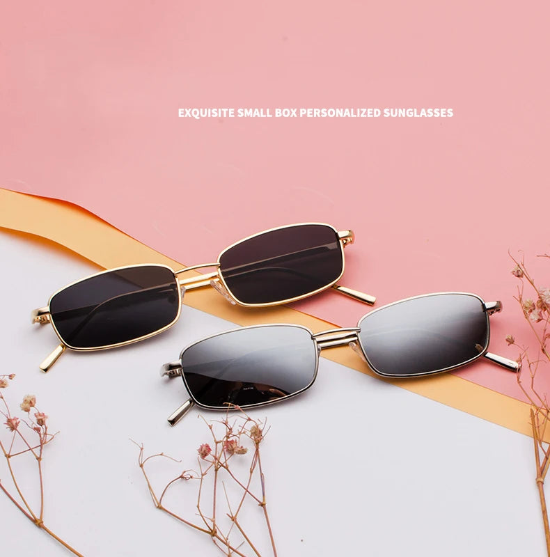 Vintage Small Narrow Rectangle Sunglasses Women Men Brand Red Clear Lens Skinny Slim Wire Retro Hip Hop Sun Glasses Shades OM522