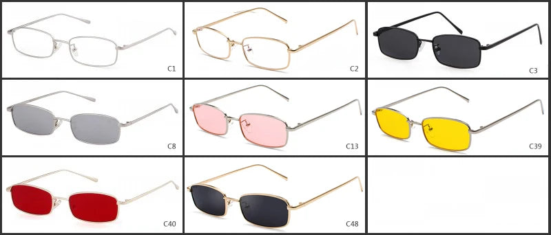 Vintage Small Narrow Rectangle Sunglasses Women Men Brand Red Clear Lens Skinny Slim Wire Retro Hip Hop Sun Glasses Shades OM522