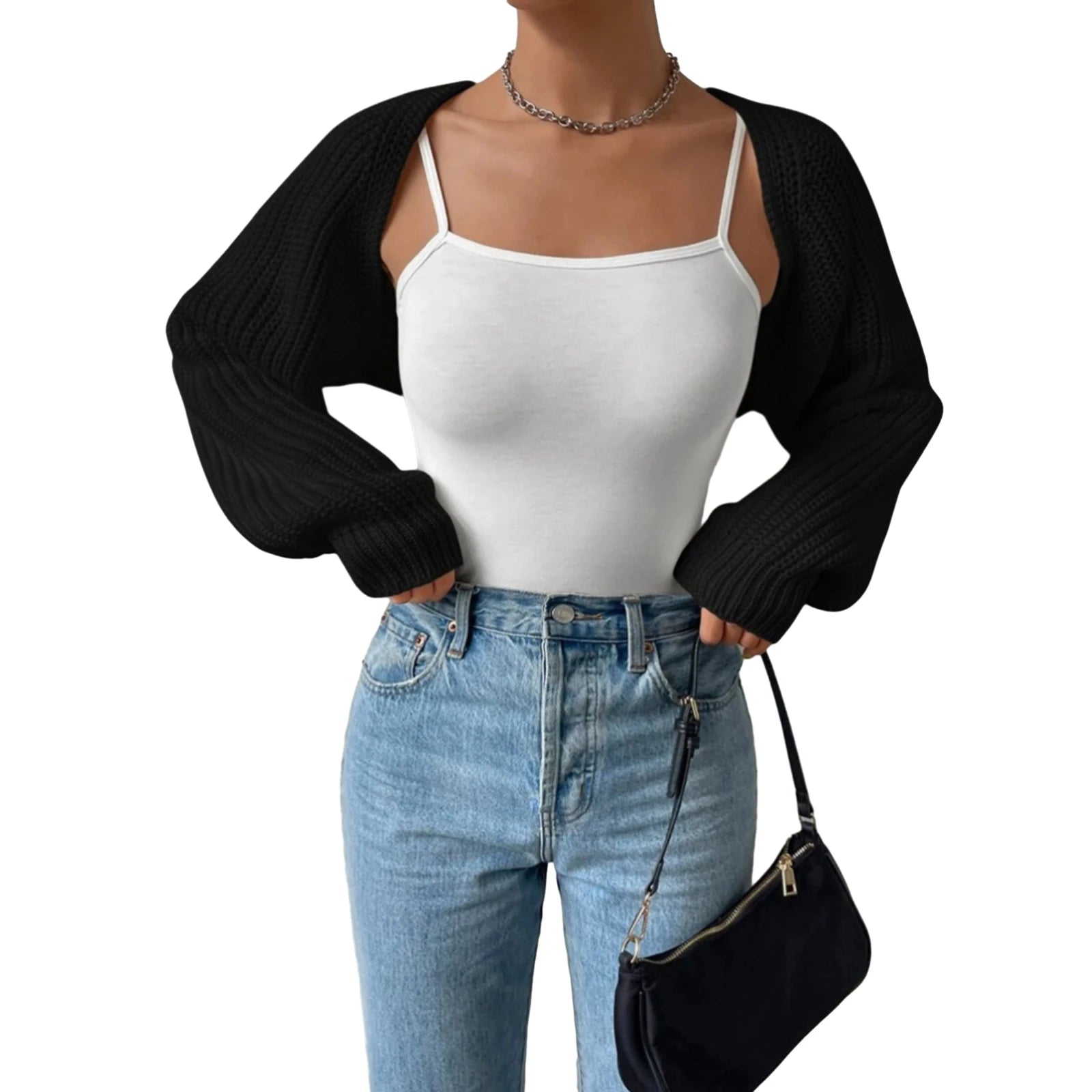 Women's Open Front Cropped Cardigan Long Sleeve Solid Color Ribbed Knit Shrug Sweater Bolero Tops
