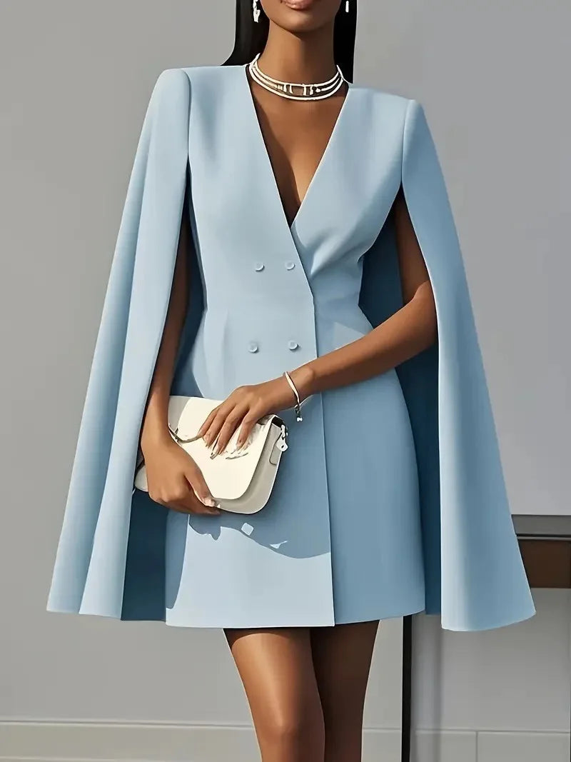 Summer Dress Women 2026 Office Business Suit Solid Color Patchwork V-Neck Double-Breasted Blazer Dress