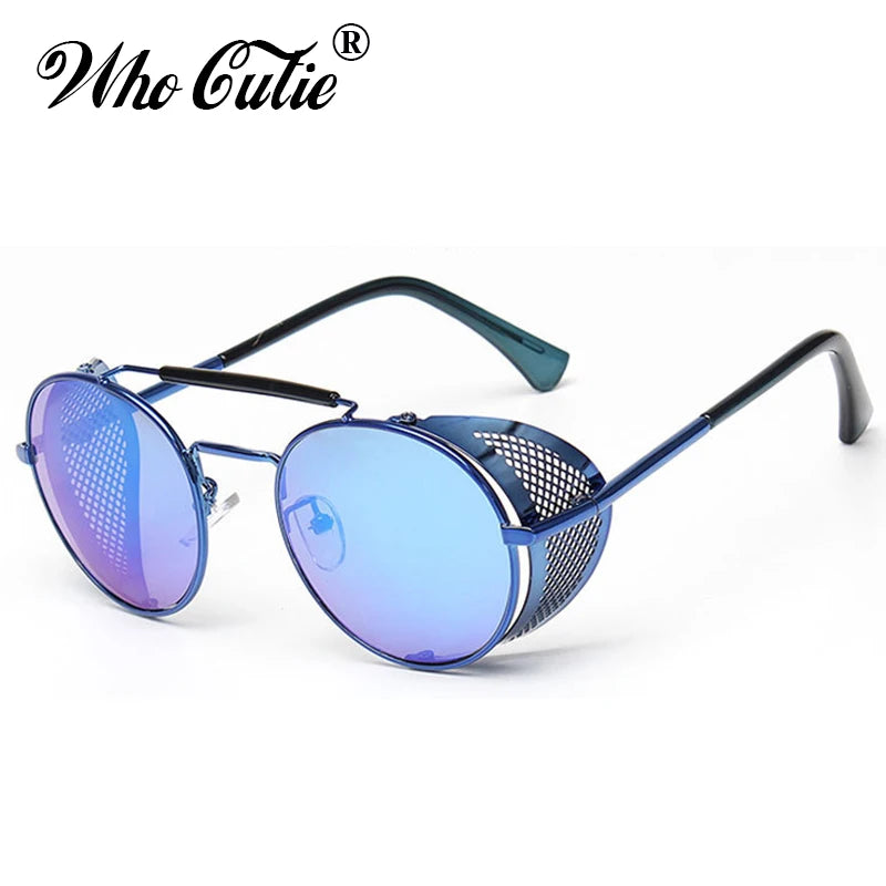 WHO CUTIE 2025 Round Steampunk Goggles Sunglasses Men Brand Designer Vintage Retro Circle Metal Iron Man Punk Sun Glasses OM143