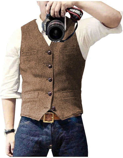 Men's Suit Vest V Neck Wool Herringbone Tweed Casual Waistcoat Formal Business Vest Groomman For Green/Black/Brown/Coffee