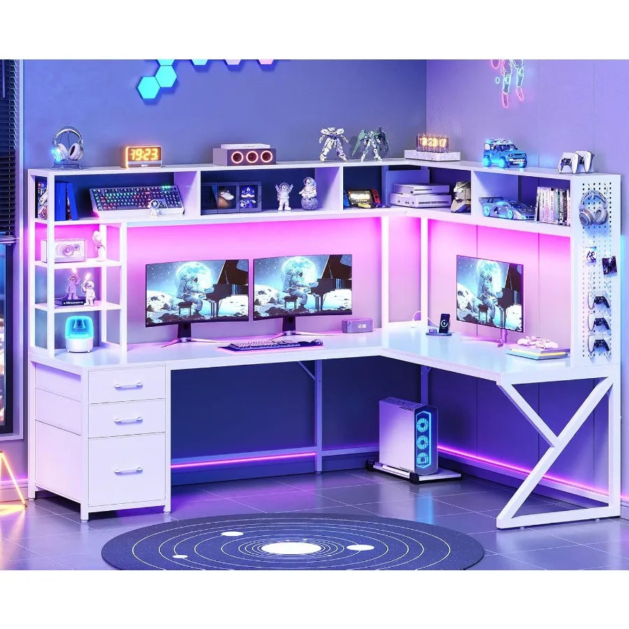 Corner Computer Desk Convertible 94.5 Gaming Desk with Storage Drawers Hutch and Pegboard L Shaped Office Desk with Power Outlet