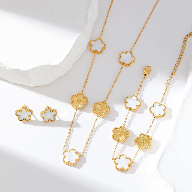 Stainless Steel White Plum Blossom Plant Leaf Flower Set Reversible Necklace Earrings Bracelet Women Clover Jewelry