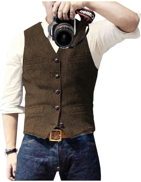 Men's Suit Vest V Neck Wool Herringbone Tweed Casual Waistcoat Formal Business Vest Groomman For Green/Black/Brown/Coffee