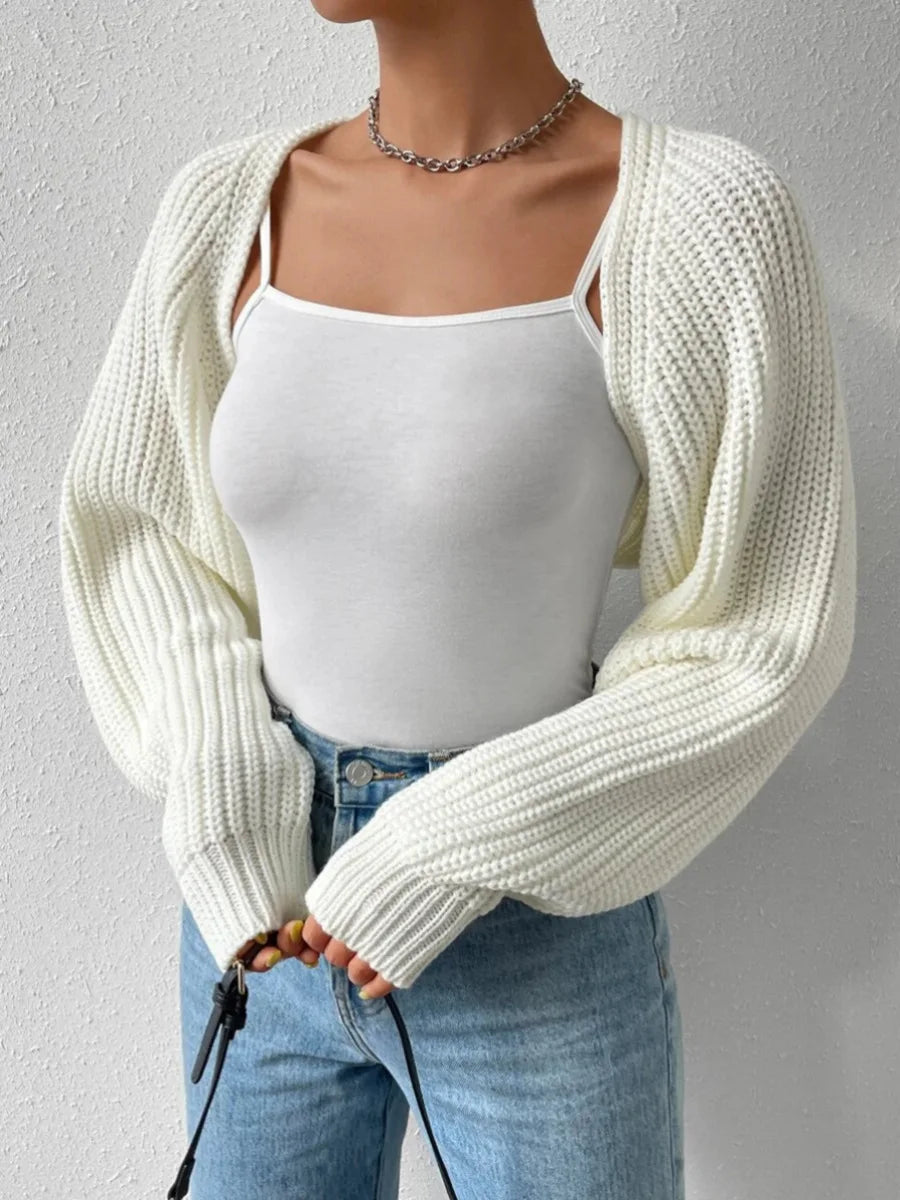 Women's Open Front Cropped Cardigan Long Sleeve Solid Color Ribbed Knit Shrug Sweater Bolero Tops