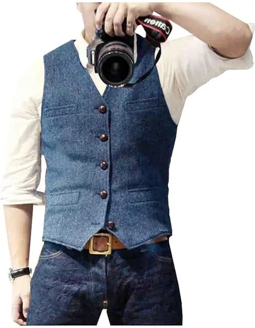 Men's Suit Vest V Neck Wool Herringbone Tweed Casual Waistcoat Formal Business Vest Groomman For Green/Black/Brown/Coffee