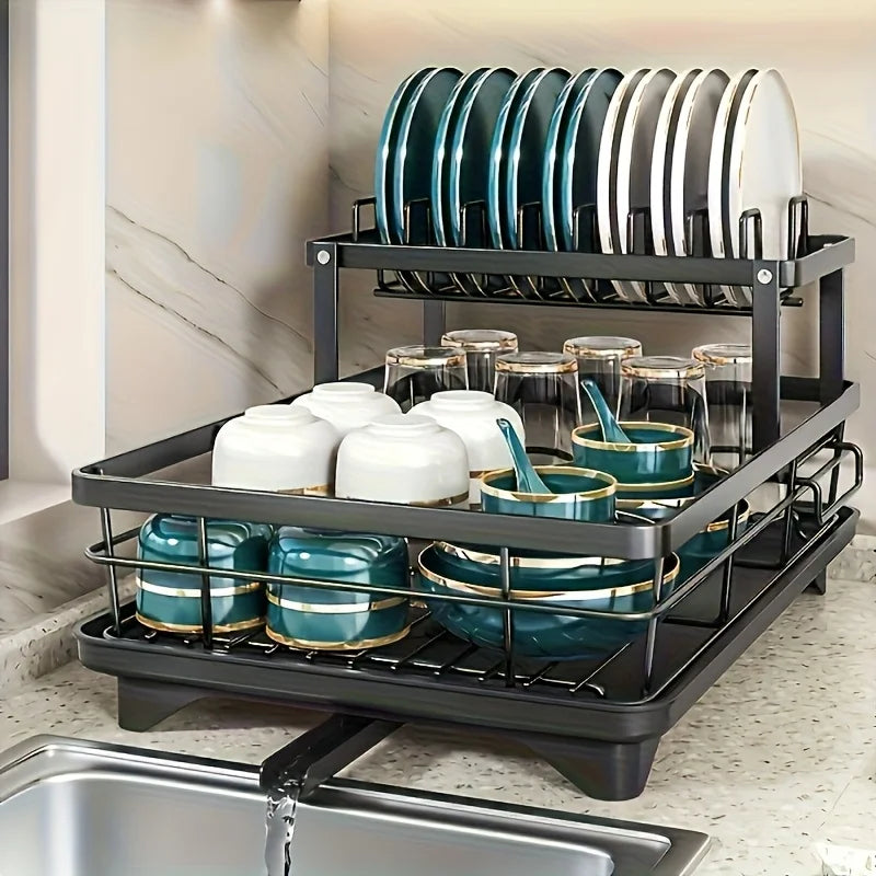 2-Layer Elevated Capacity Drain Rack with Water Tray Rust-Proof Dish Organizer