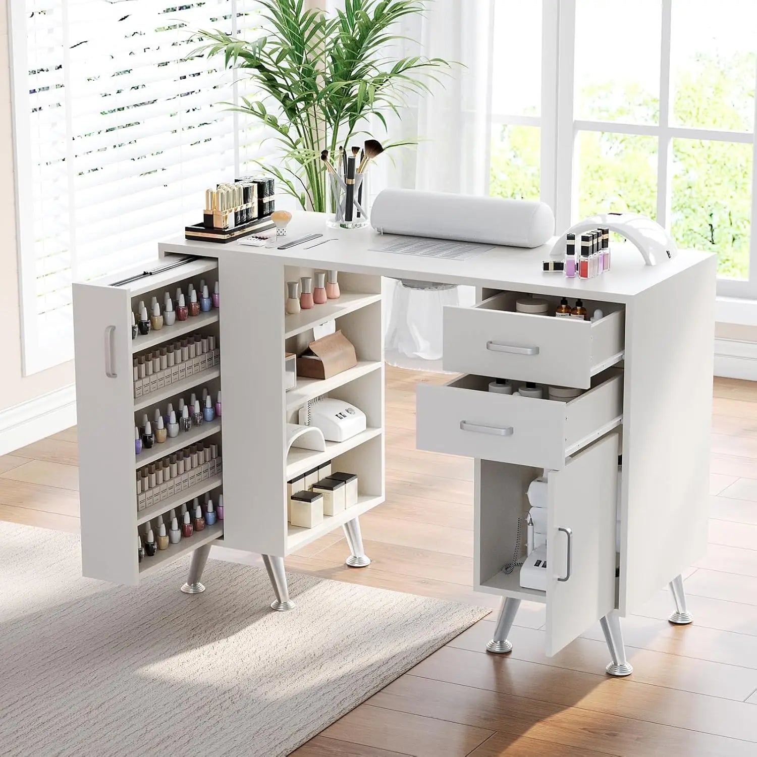 Manicure Table with Electric Dust Collector & Wrist Rest,Storage Cabinet, Nail Tech Desk Station for Beauty Salon & Home Spa