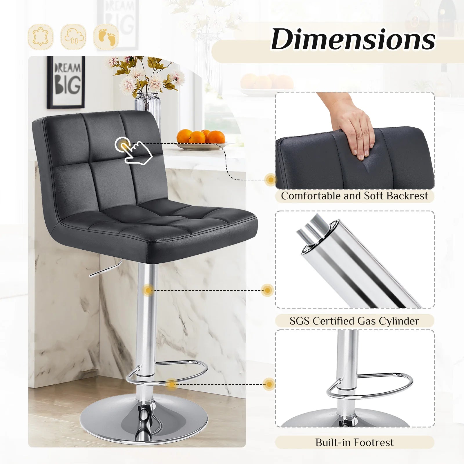 JHK PU Leather Bar Stools Set of 2,Upholstered Counter Height Bar Stools,SGS Certified Gas Gylinder Comfortbale Backrest