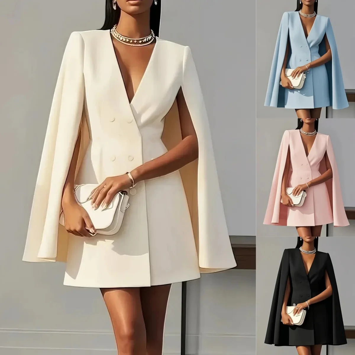 Summer Dress Women 2026 Office Business Suit Solid Color Patchwork V-Neck Double-Breasted Blazer Dress