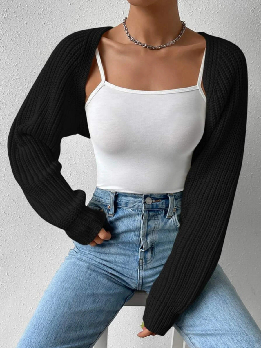 Women's Open Front Cropped Cardigan Long Sleeve Solid Color Ribbed Knit Shrug Sweater Bolero Tops