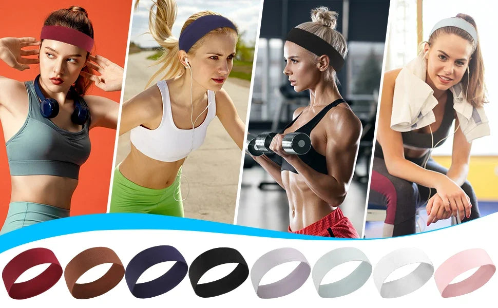 8-Pack Sports Headbands for Women - Elastic, Soft Fabric, Non-Slip Hair Bands for Daily Workouts, Yoga, Running, and Sports