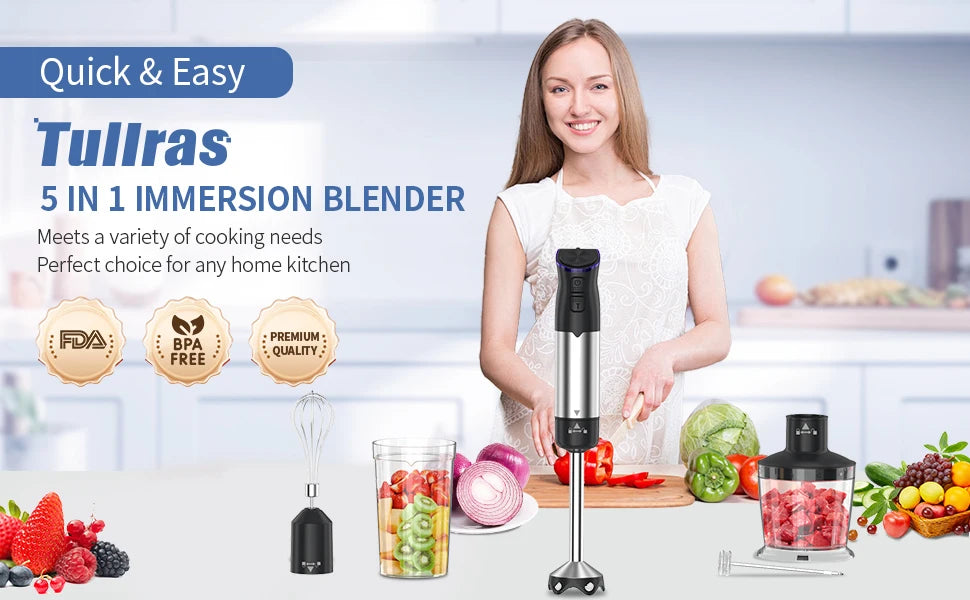 1000W Electric Immersion Handheld Blender, 5 in 1 Kitchen Hand Blender for soups, smoothies, purees and baby food.