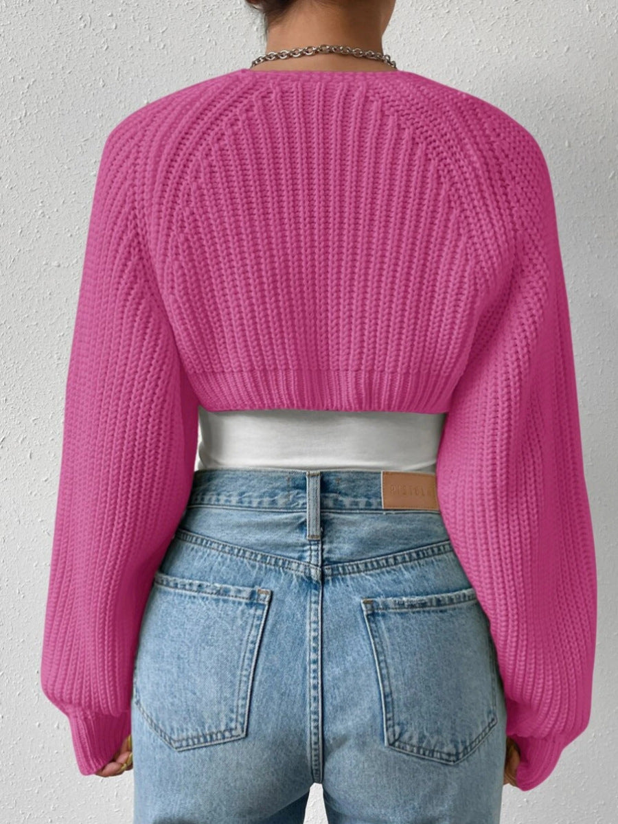 Women's Open Front Cropped Cardigan Long Sleeve Solid Color Ribbed Knit Shrug Sweater Bolero Tops