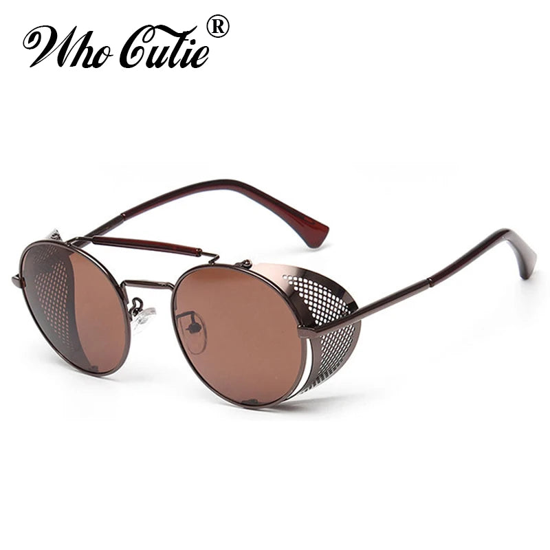 WHO CUTIE 2025 Round Steampunk Goggles Sunglasses Men Brand Designer Vintage Retro Circle Metal Iron Man Punk Sun Glasses OM143