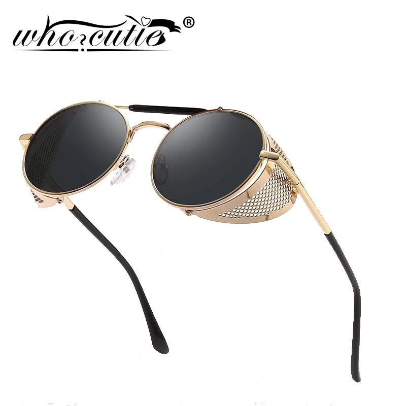 WHO CUTIE 2025 Round Steampunk Goggles Sunglasses Men Brand Designer Vintage Retro Circle Metal Iron Man Punk Sun Glasses OM143