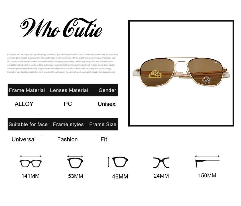 WHO CUTIE 2025 MILITARY Pilot Sunglasses Men Brand Design American Optical Lens AO Eyewear Square Army Sun Glasses Male UV400
