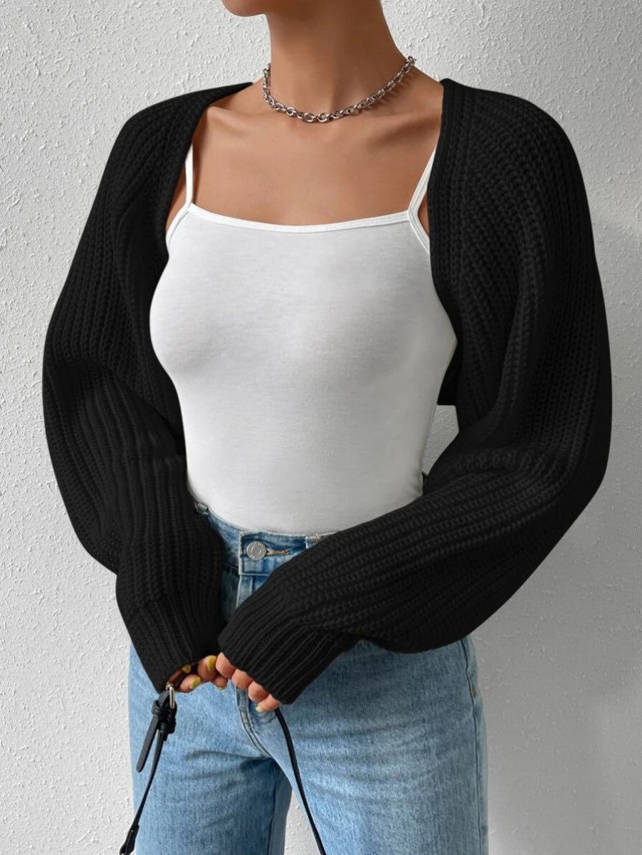 Women's Open Front Cropped Cardigan Long Sleeve Solid Color Ribbed Knit Shrug Sweater Bolero Tops