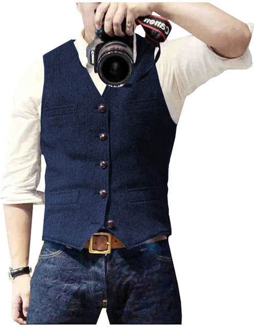 Men's Suit Vest V Neck Wool Herringbone Tweed Casual Waistcoat Formal Business Vest Groomman For Green/Black/Brown/Coffee