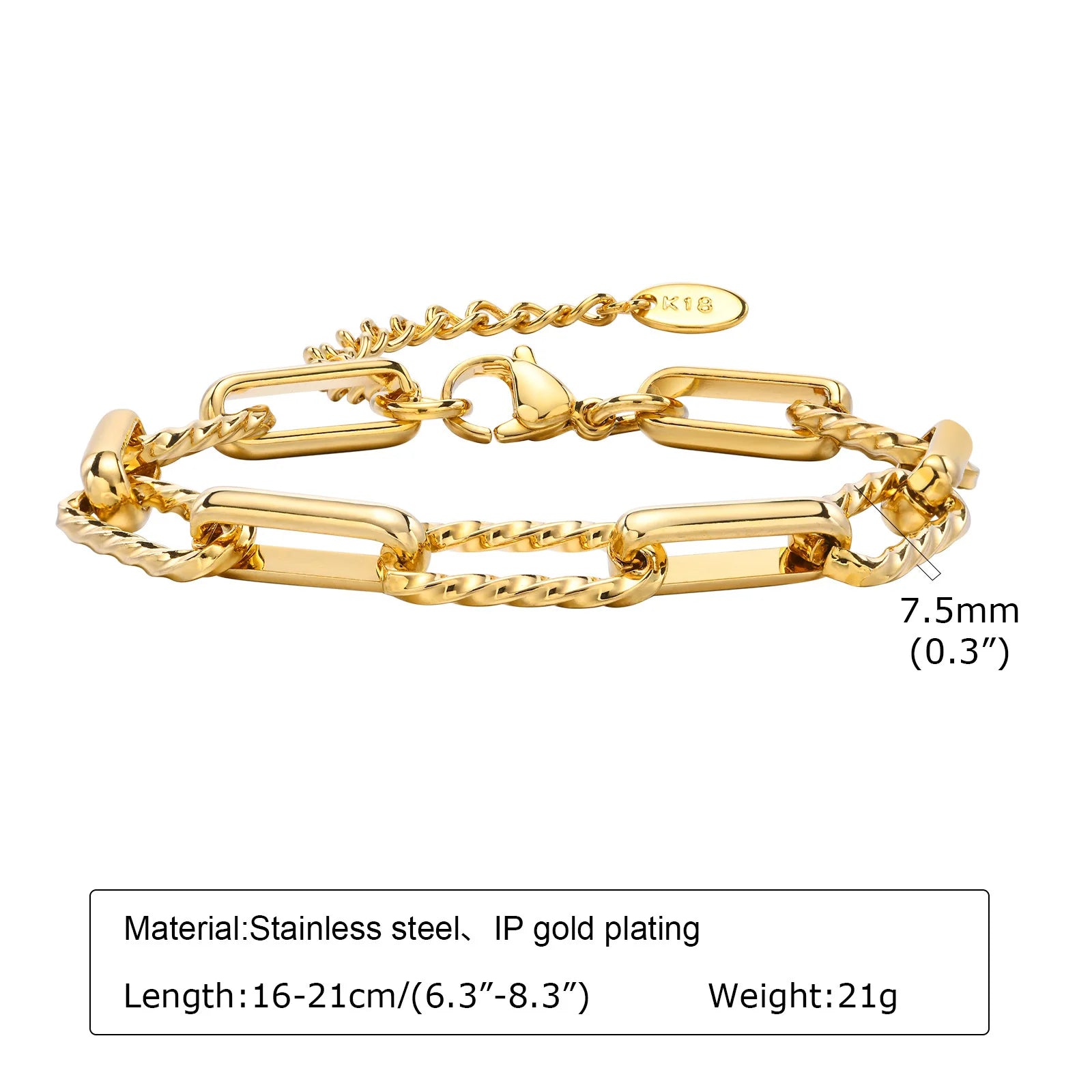 Women Stainless Steel Chain Bracelet,18K Gold Plated Adjustable Link Bracelet, Layered Jewelry