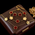 Stainless Steel White Plum Blossom Plant Leaf Flower Set Reversible Necklace Earrings Bracelet Women Clover Jewelry