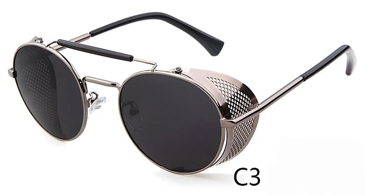 WHO CUTIE 2025 Round Steampunk Goggles Sunglasses Men Brand Designer Vintage Retro Circle Metal Iron Man Punk Sun Glasses OM143