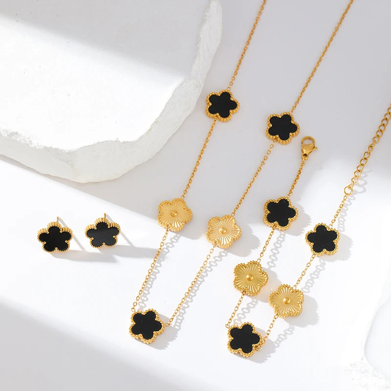 Stainless Steel White Plum Blossom Plant Leaf Flower Set Reversible Necklace Earrings Bracelet Women Clover Jewelry