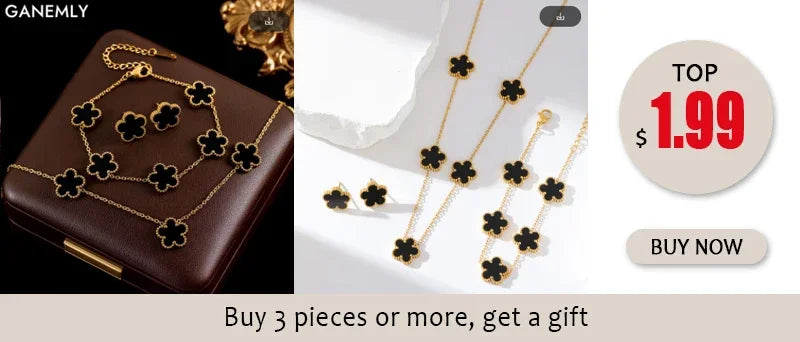 Stainless Steel White Plum Blossom Plant Leaf Flower Set Reversible Necklace Earrings Bracelet Women Clover Jewelry