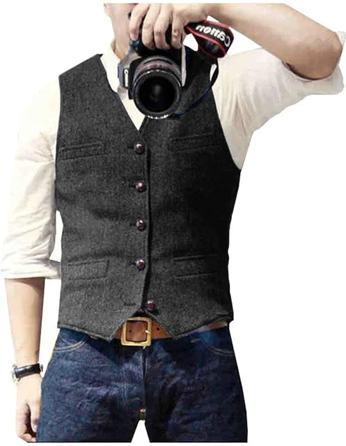 Men's Suit Vest V Neck Wool Herringbone Tweed Casual Waistcoat Formal Business Vest Groomman For Green/Black/Brown/Coffee