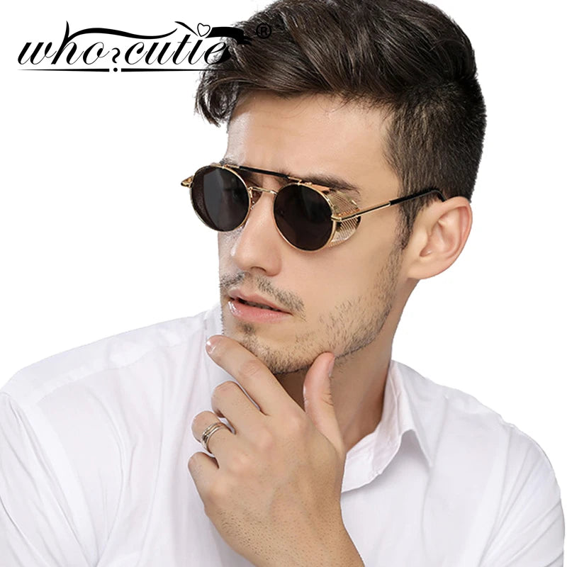 WHO CUTIE 2025 Round Steampunk Goggles Sunglasses Men Brand Designer Vintage Retro Circle Metal Iron Man Punk Sun Glasses OM143
