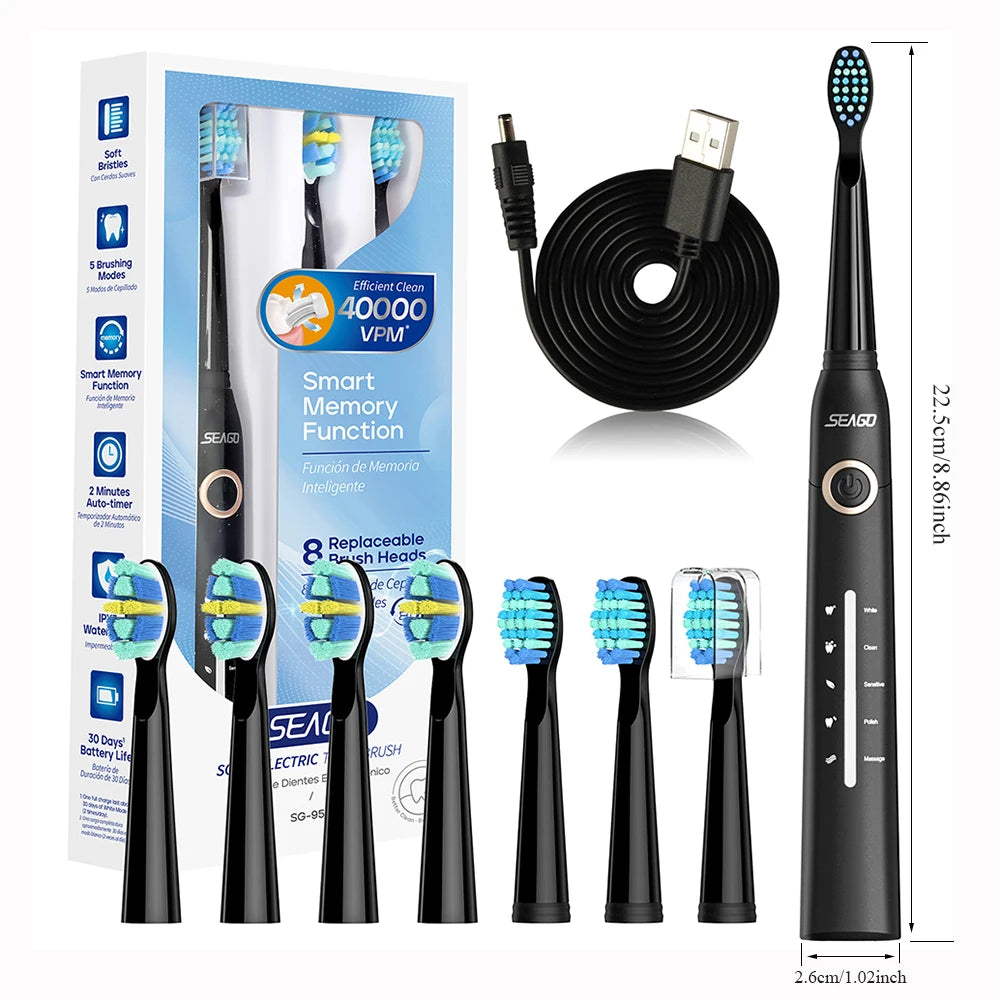 Seago Fast Rechargeable Electric Toothbrush Smart Automatic with 8 Replacement Brush Heads
