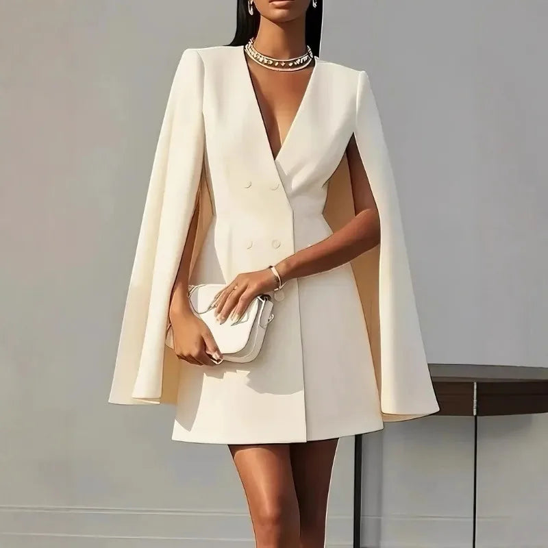 Summer Dress Women 2026 Office Business Suit Solid Color Patchwork V-Neck Double-Breasted Blazer Dress