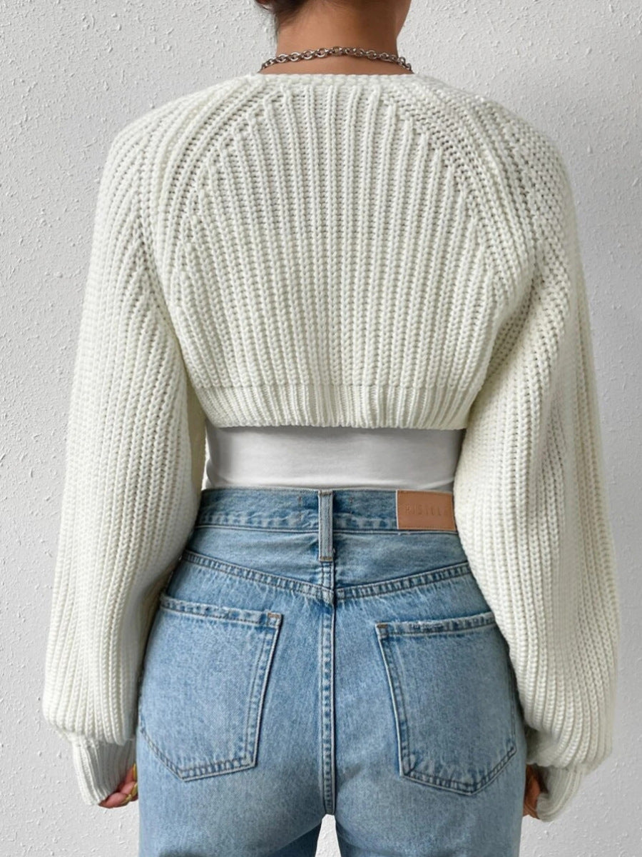 Women's Open Front Cropped Cardigan Long Sleeve Solid Color Ribbed Knit Shrug Sweater Bolero Tops