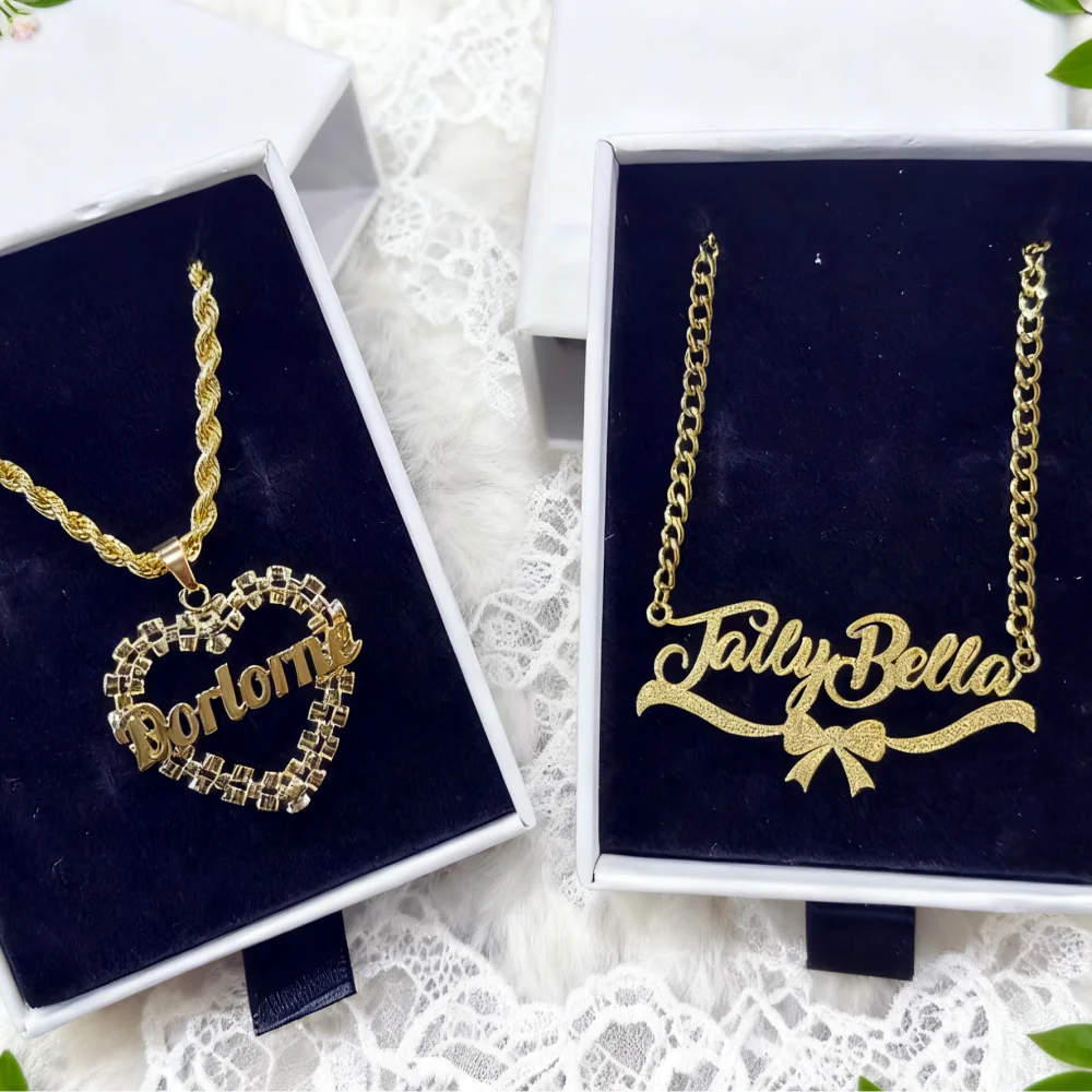 DUOYING Custom Name Heart Frame Necklace Earrings Diamond Cut Bow-shaped Base Nameplate Necklace