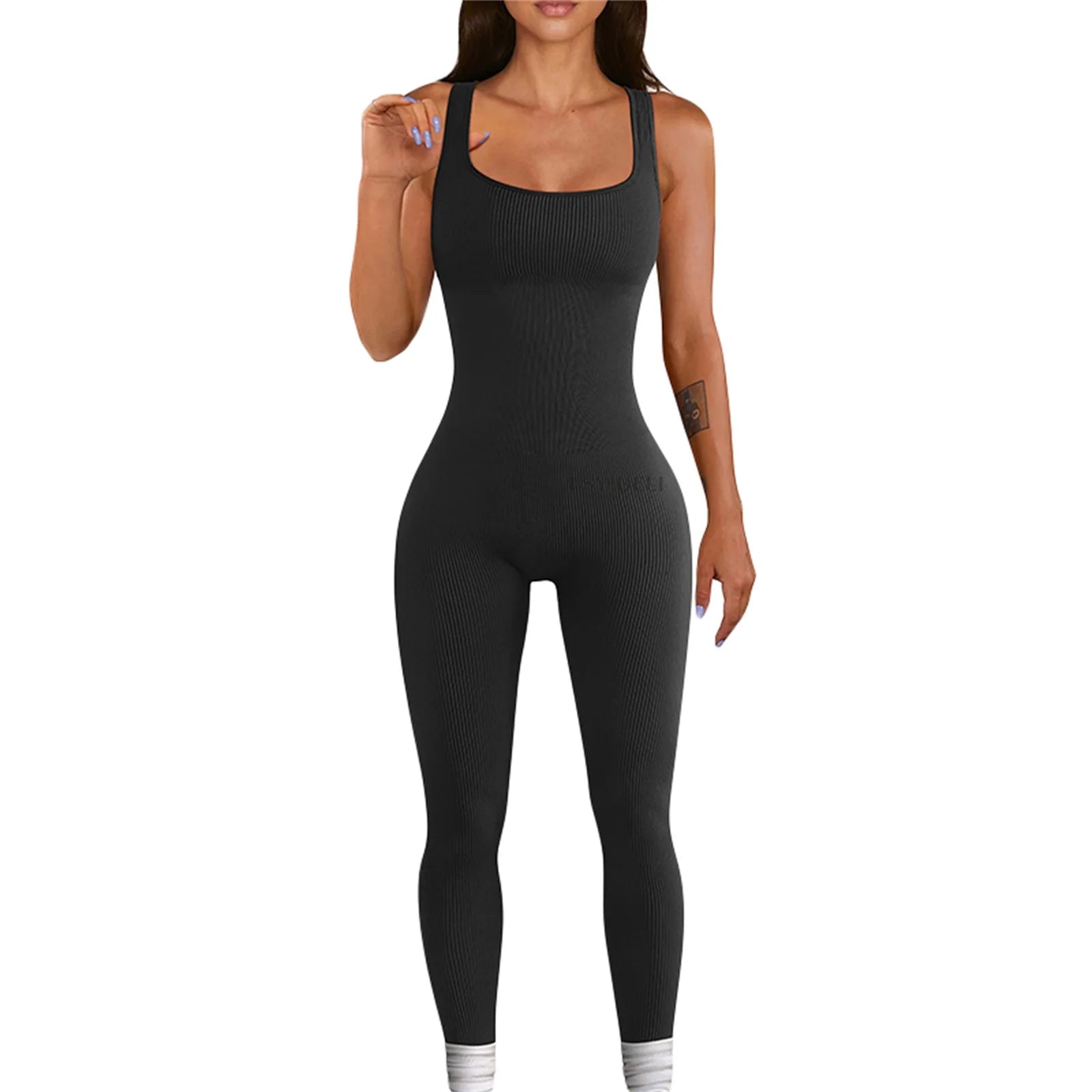 Women Sleeveless Bodycon Jumpsuit Summer Solid Color U-neck Romper Pants Streetwear Clubwear