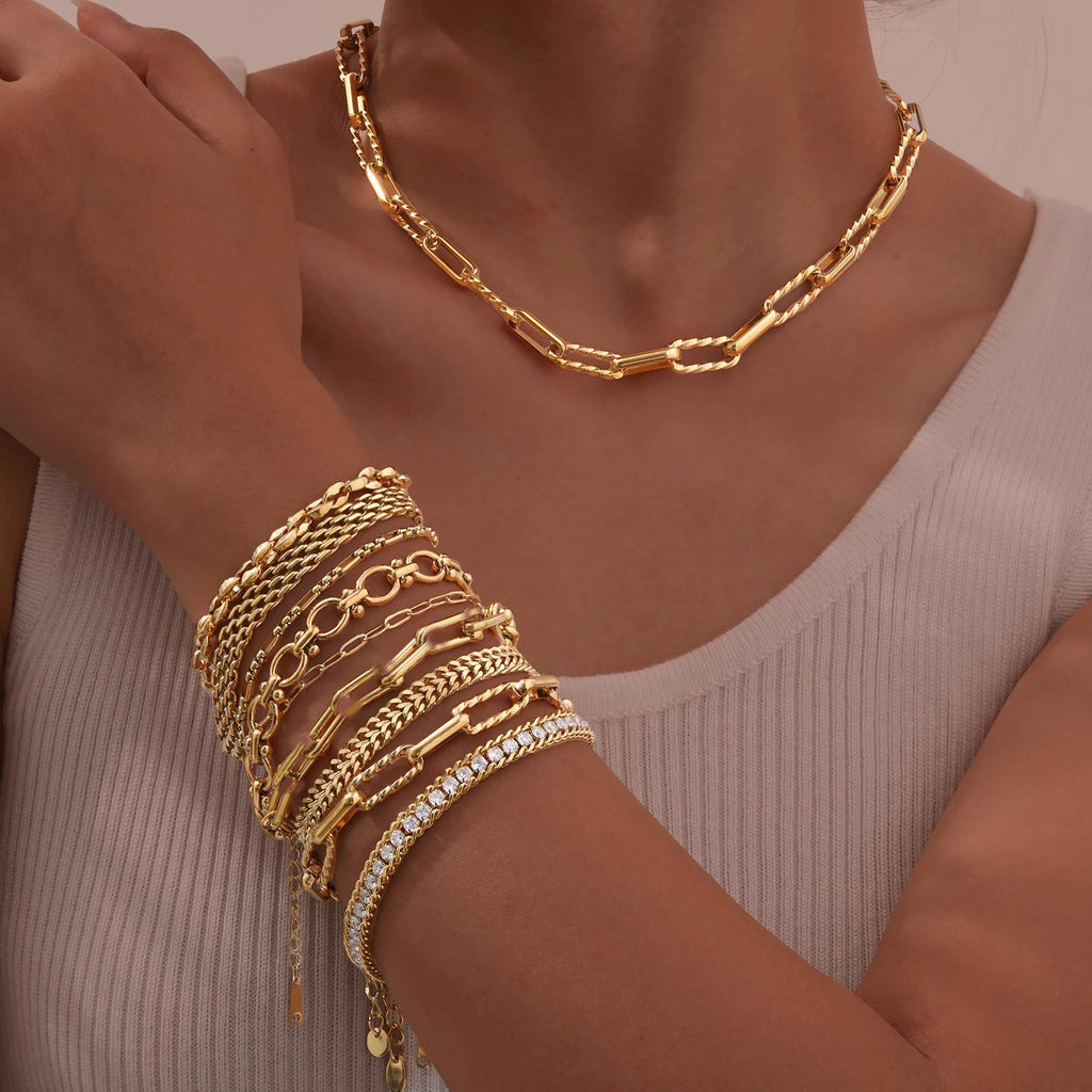 Women Stainless Steel Chain Bracelet,18K Gold Plated Adjustable Link Bracelet, Layered Jewelry