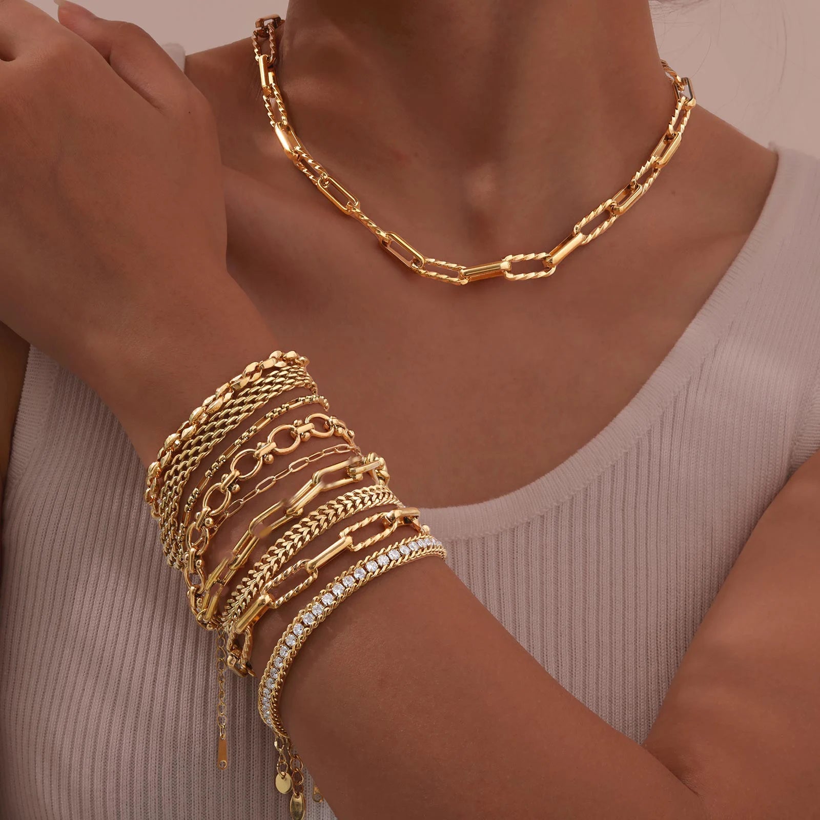 Women Stainless Steel Chain Bracelet,18K Gold Plated Adjustable Link Bracelet, Layered Jewelry