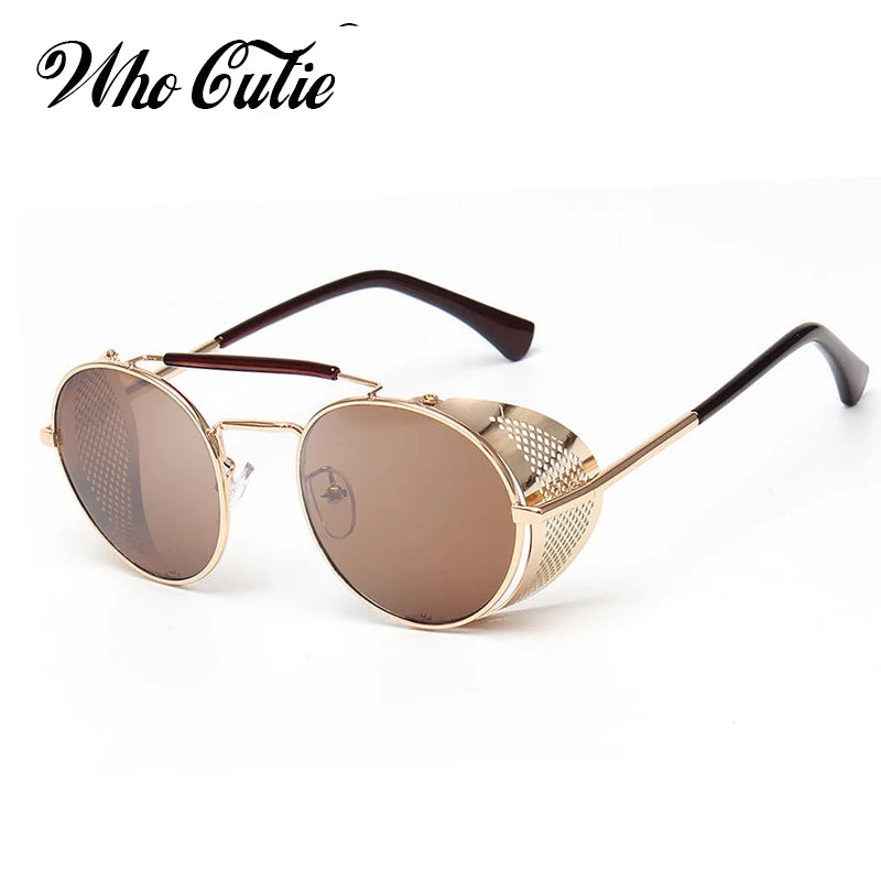 WHO CUTIE 2025 Round Steampunk Goggles Sunglasses Men Brand Designer Vintage Retro Circle Metal Iron Man Punk Sun Glasses OM143