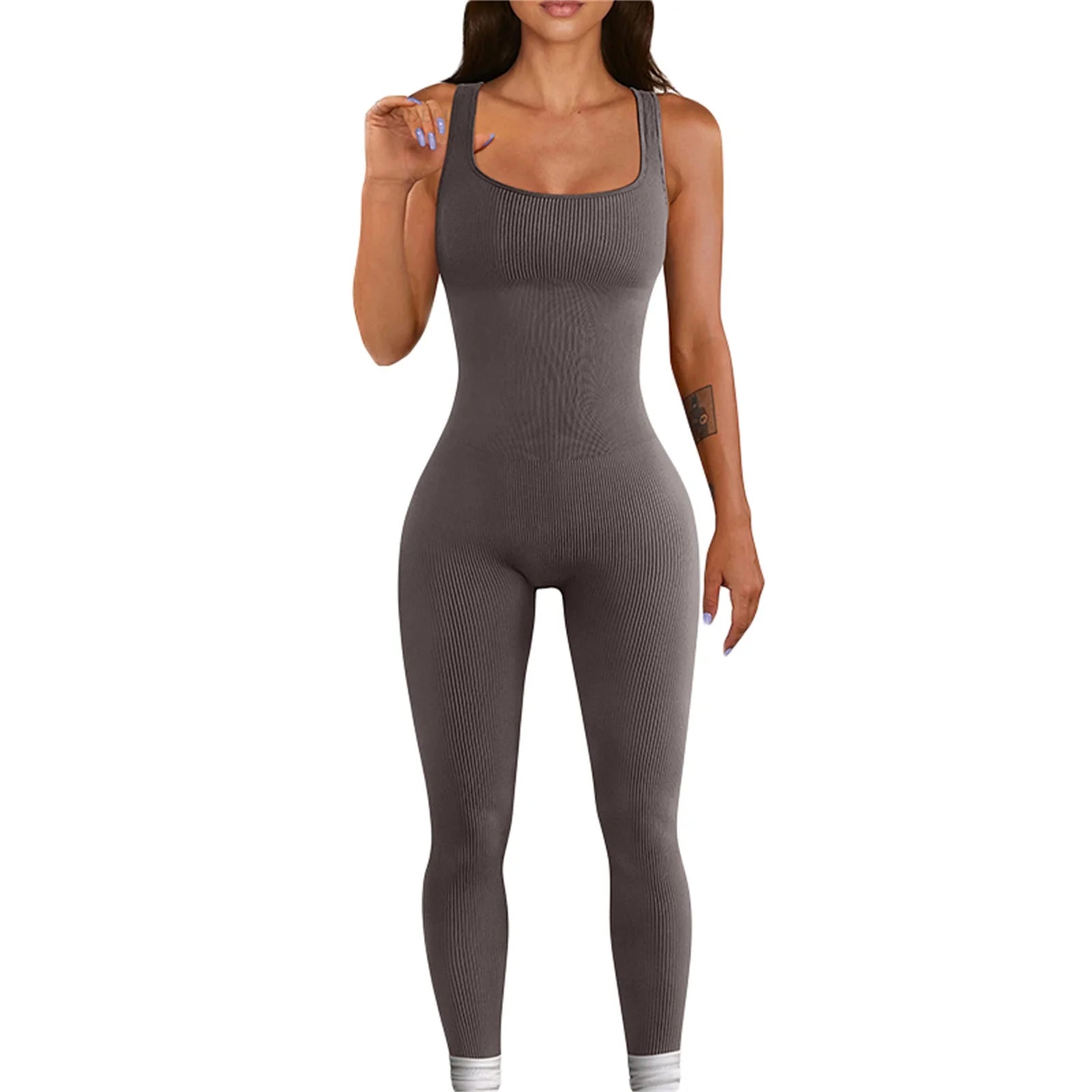 Women Sleeveless Bodycon Jumpsuit Summer Solid Color U-neck Romper Pants Streetwear Clubwear