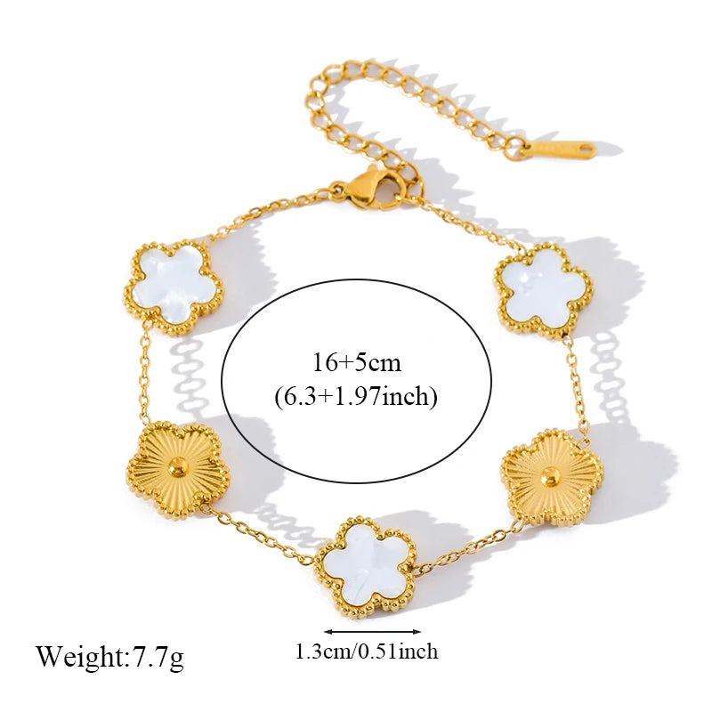 Stainless Steel White Plum Blossom Plant Leaf Flower Set Reversible Necklace Earrings Bracelet Women Clover Jewelry