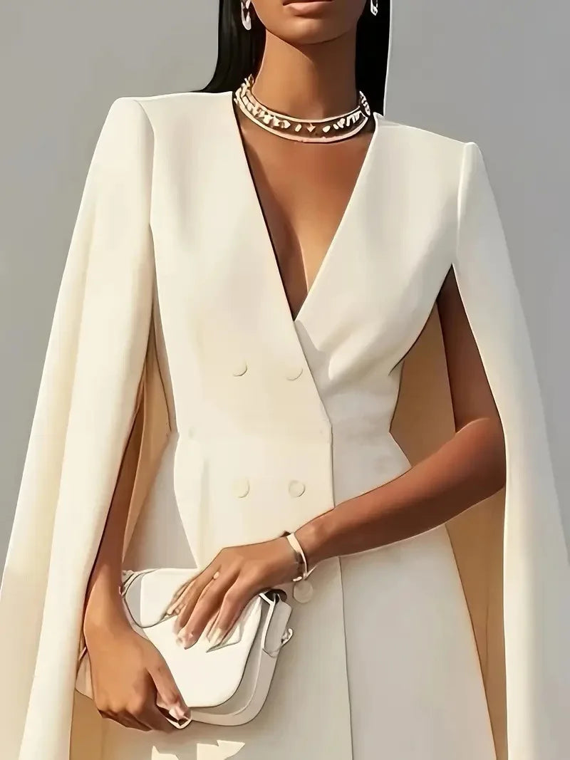 Summer Dress Women 2026 Office Business Suit Solid Color Patchwork V-Neck Double-Breasted Blazer Dress