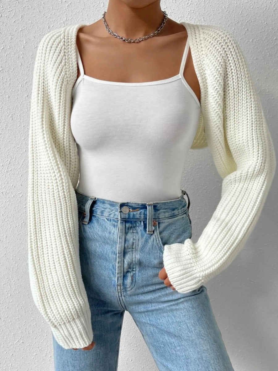 Women's Open Front Cropped Cardigan Long Sleeve Solid Color Ribbed Knit Shrug Sweater Bolero Tops