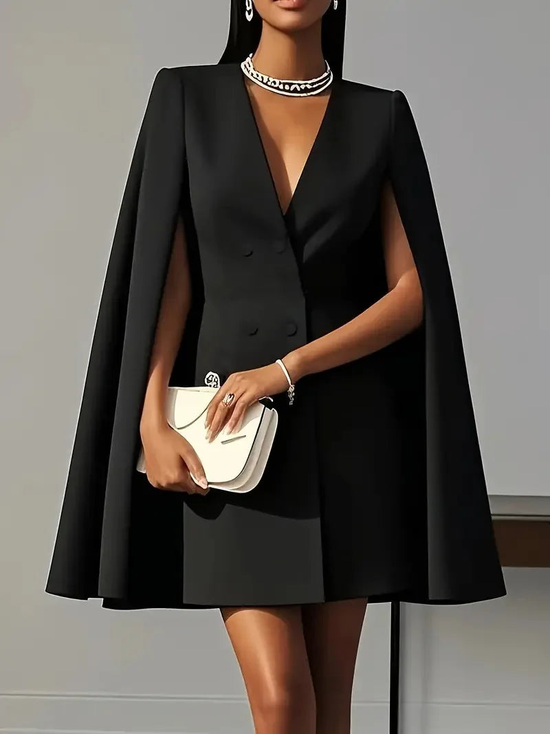 Summer Dress Women 2026 Office Business Suit Solid Color Patchwork V-Neck Double-Breasted Blazer Dress