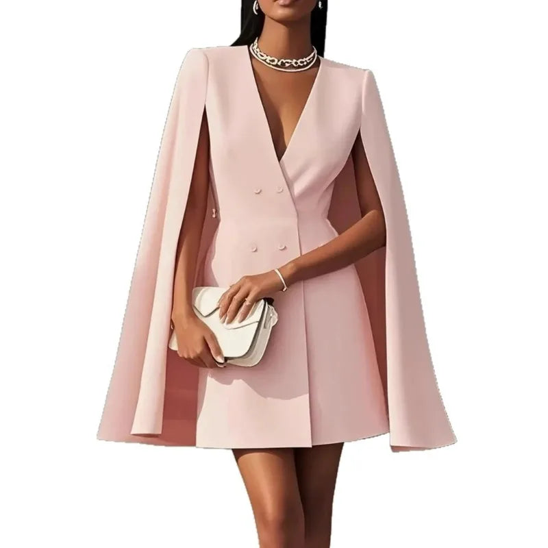 Summer Dress Women 2026 Office Business Suit Solid Color Patchwork V-Neck Double-Breasted Blazer Dress
