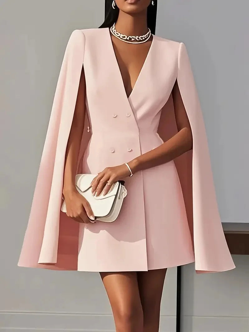 Summer Dress Women 2026 Office Business Suit Solid Color Patchwork V-Neck Double-Breasted Blazer Dress