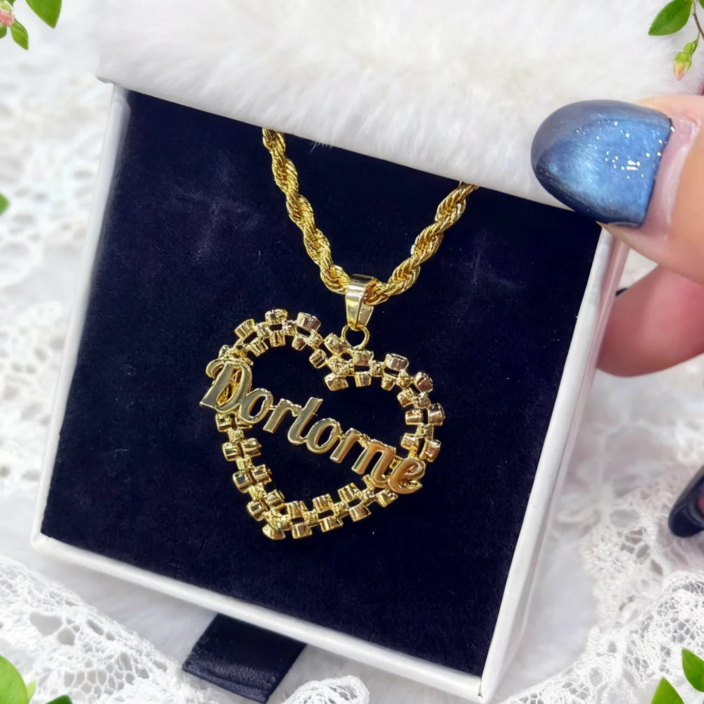 DUOYING Custom Name Heart Frame Necklace Earrings Diamond Cut Bow-shaped Base Nameplate Necklace