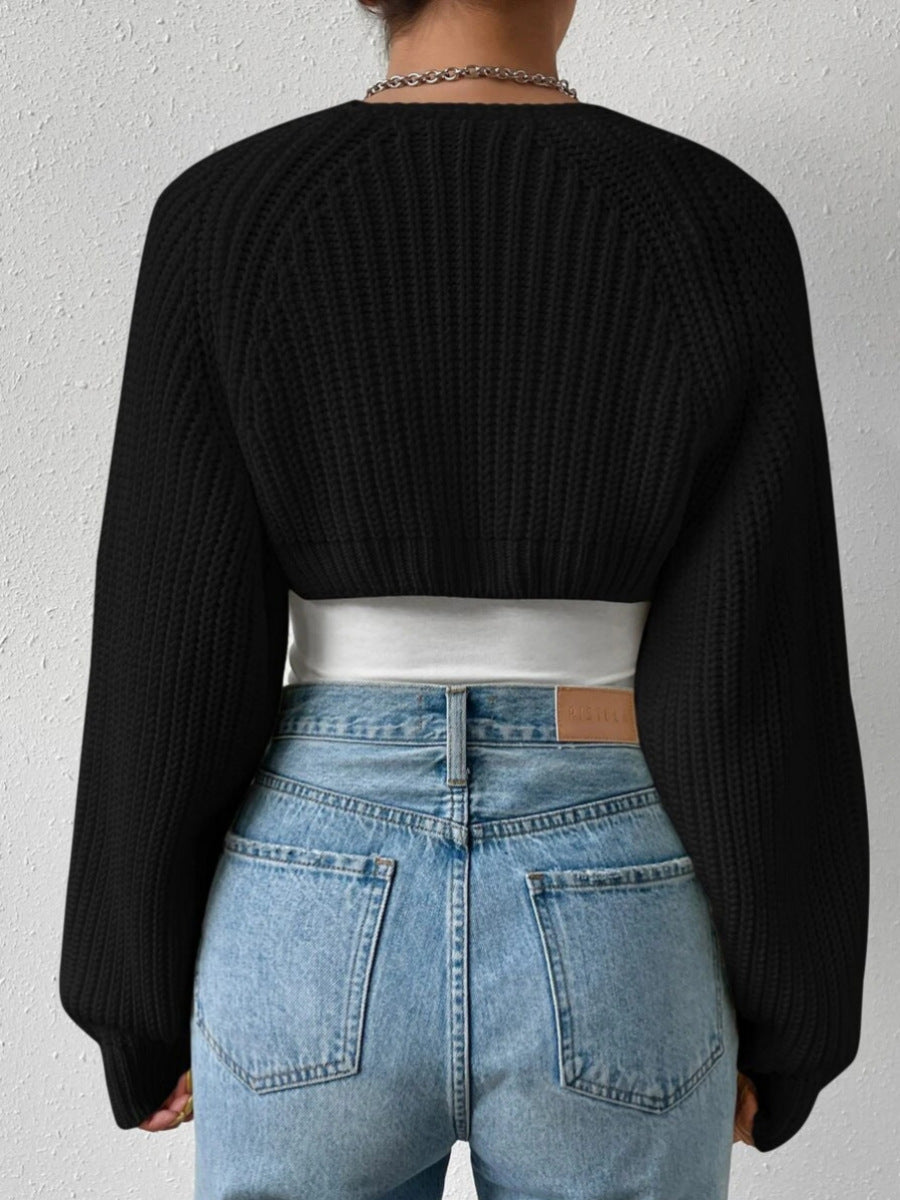 Women's Open Front Cropped Cardigan Long Sleeve Solid Color Ribbed Knit Shrug Sweater Bolero Tops